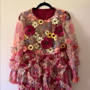 Floral Embroidered Ruffle Tulle Dress in Burgundy & Multicolor